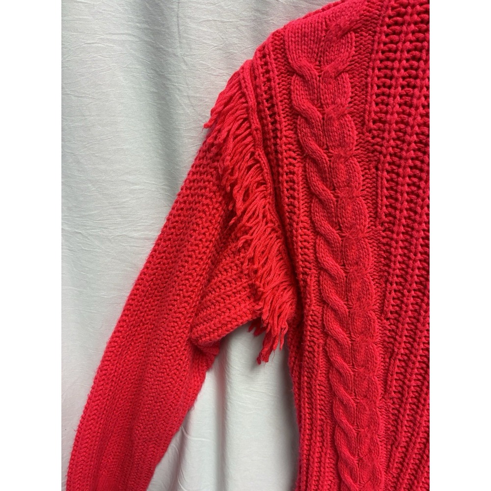 American Rag Cie Womens L Neon Pink Cable Knit Fringe Sweater Mock Neck Sz. L - Picture 4 of 6